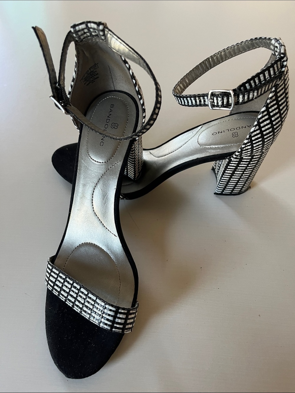 Bandolino Black and White Grid Ankle-Strap Block Heels size 8M